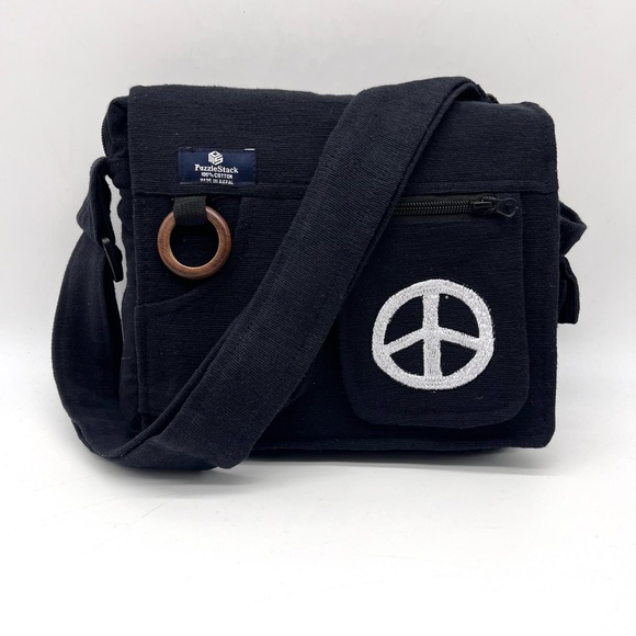Lukla Black Messenger Bag with Peace Sign Embroidery - Picture 13 of 14